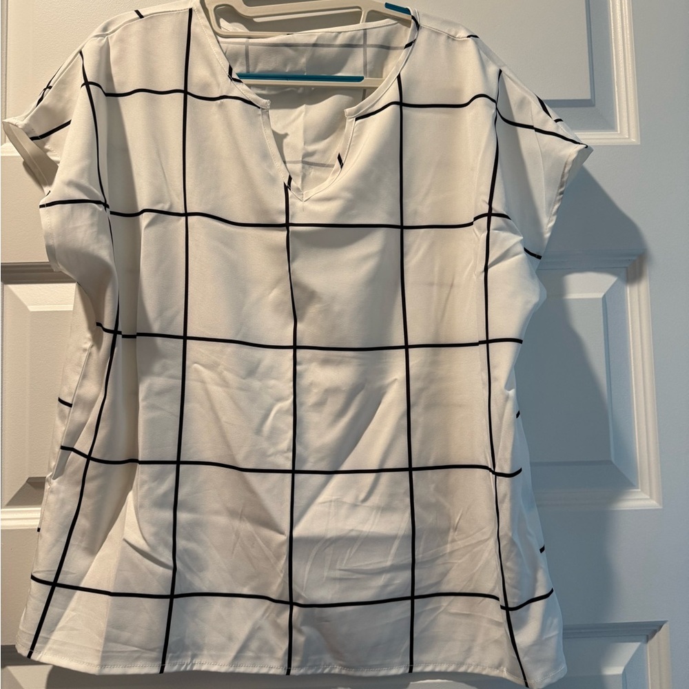 SHEIN White Blouse with Black Grid Pattern
